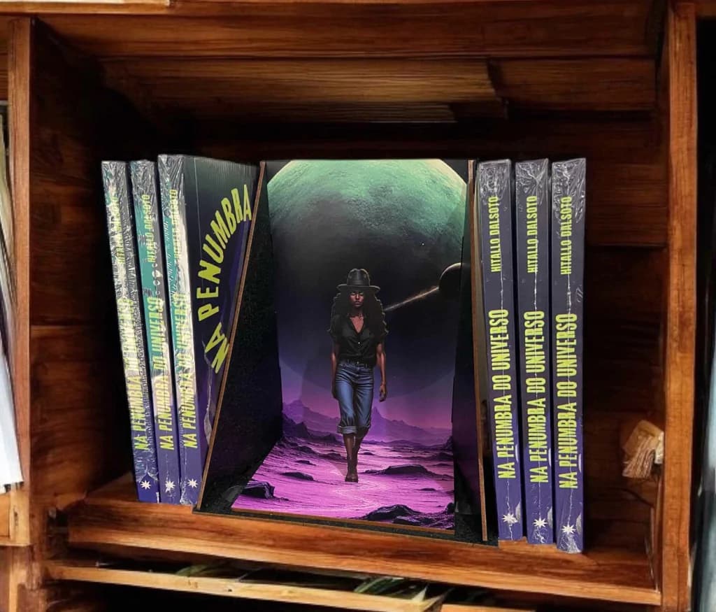 Porta livro Na penunbra do universo